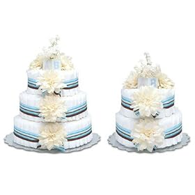Diaper Cake - Cream Dahlias W/blue Stripes