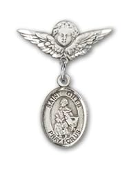 Sterling Silver Baby Badge with St. Giles Charm and Angel with Wings Badge Pin