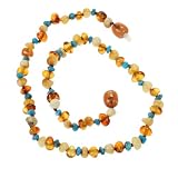 Genuine Baltic Amber and Natural Turquoise Teething Necklace for Baby - Butterscotch and Cognac Amber and Turquoise Beads
