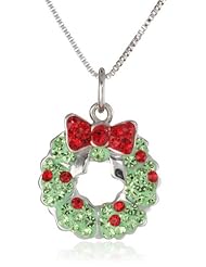 Sterling Silver Christmas Wreath with light Siam and Peridot Crystal Pendant Necklace, 18"