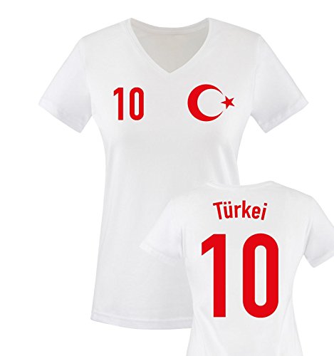 EM 2016 – TRIKOT – EM 2016 – TÜRKEI – 10 – Damen V-Neck T-Shirt – Weiss / Rot Gr. S
