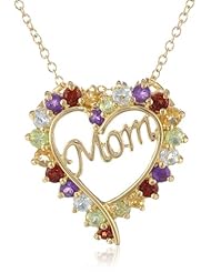 Yellow Gold-Plated Sterling Silver Multi-Gemstone "Mom" Heart Pendant Necklace, 18"