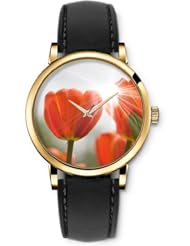 SPRAWL Aanalog Fashion Series Gold Ladies Watches of Genuine Black Leather Strap,Unique Wrist Watch for Women Girls Designed with orange tulips