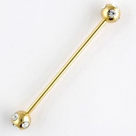 One PVD Stainless Steel Straight Industrial Barbell: 14g 1-3/8" Gold, 5-Stone CZ Balls: 6mm, Clear Gem
