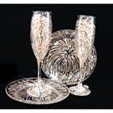 Fireworks Design - Hand Painted - Matching Set of Toasting Flutes - 6 oz. & 7 inch Cake Plates