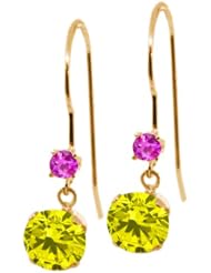 1.26 Ct Round Canary Diamond Pink Sapphire 14K Yellow Gold Earrings