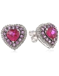 Sterling Silver Checkerboard Heart Created Ruby with Round Created Pink Sapphire and Genuine White Diamonds Heart Earrings