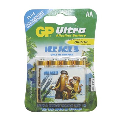 GP AA Ultra Alkaline Battery. Blister of 4 Plus Free Ice Age 3 Fridge Magnet