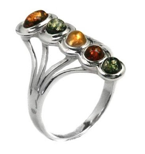 Multicolor Amber and Sterling Silver Fashion Statute Ring Size 5,6,7,8,9,10,11,12