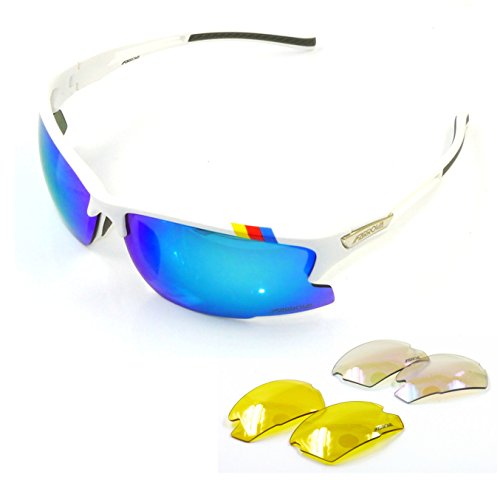 FARROVA - AX5151 Sports Sunglasses with 3 Set Interchangeable Lenses (Main Lenses are Revo Plated Film Non-Polarized Lenses, Yellow Lenses Night Vision and Crstal Clear Lenses) for Cycling, Fishing, Driving, Golf, Running and All Outdoor Activities, Shatterproof Flexible TR90 Frame, White Frame