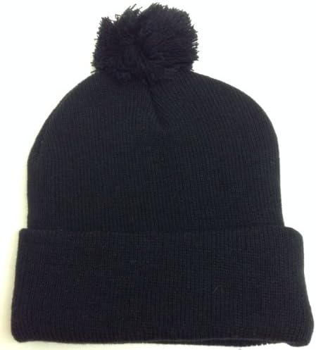 Cuffed Black Pom Beanie Solid Blank Plain