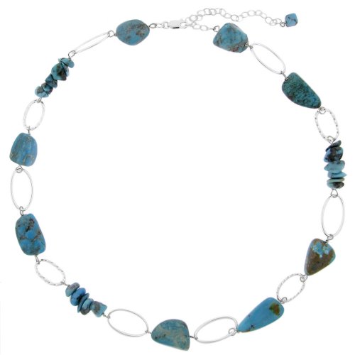 Sterling Silver Link Necklace w/ Genuine Turquoise Nugget Stations, 18+3″ Extender