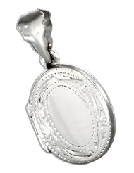 Sterling Silver Oval Flat High Polish Locket with Diamond Cut and Scroll Border