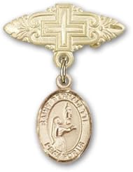 14K Gold Baby Badge with St. Bernadette Charm and Badge Pin with Cross