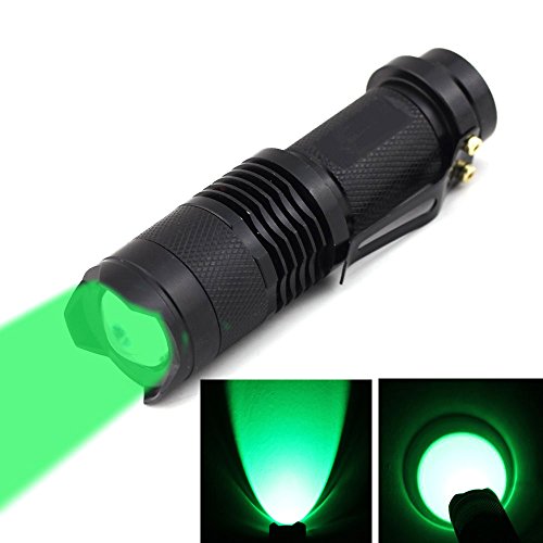 BestFireÂ® 100 Yards Super Mini Zoomable 300 Lumens CREE Q5 Green LED 3-Mode AA/14500 Battery Adjustable Focus Zoom Tactical Flashlight Green Hunting Light Cree LED Green Coyote Hog Hunting Light Lamp Torch for Hunting Fishing (Green Light)