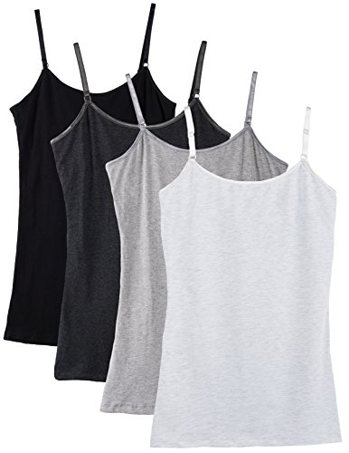 Caramel Cantina Shelf Bra Cami Tank-Top in Assorted Colors 2 or 4-Pack (Large, Blk/Grys)