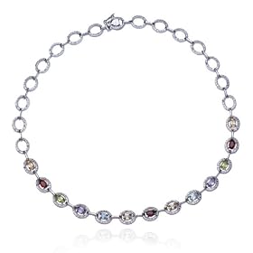 Rhodium Overlay Sterling Silver Oval Multi-Gemstone and Diamond Necklace, 17 by Amazon.com Collection