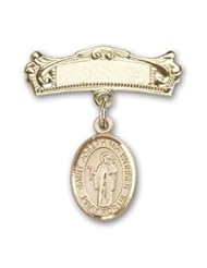 14K Gold Baby Badge with St. Joseph the Worker Charm and Arched Polished Badge Pin