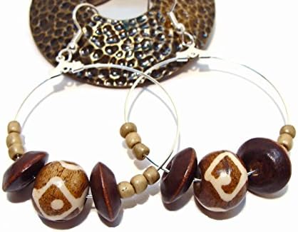 Animal/Giraffe Print Beaded Hoop Earrings with Bone, Jasper and Coconut Beads