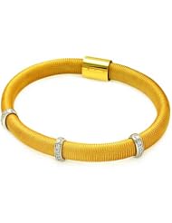 .925 Sterling Silver Yellow Gold Plated Mesh Cubic Zirconia 3 Bar Italian Bracelet Band with Magnetic Lock - 7" Inches