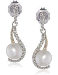 S&G Sterling Silver and 14k Yellow Gold 6mm Freshwater Cultured Pearl and Diamond Earrings (0.12 cttw, I-J Color, I3 Clarity)