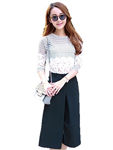 春夏 パンツスーツ ツーピース  格子柄レースステッチシャツ フラワーレース ラウンドネック 五分袖 ワイドパンツ 七分丈 ガウチョパンツ ウエストベルト  クマのぬいぐるみ付き K-3556