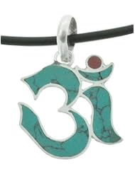 Sterling Silver 925 Turquoise and Coral Inlaid Tibetan Om Necklace, Silver Om Pendant, Om Charm