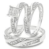 1 Carat T.W. Round, Princess Cut Diamond Trio Matching Ring Set 10K White Gold Three Ring - Ladies Engagement Ring, Wedding Band & Mens Wedding Band - Free Gift Box -
