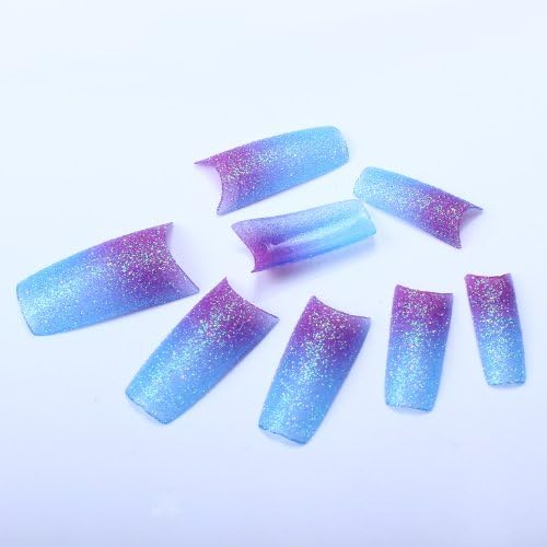 New Fashion 2014 acrylic fake nails sky blue and purple glitter designs nail art tips 70pcs
