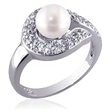 Ultra-Chic Glamour: Sterling Silver and Cultured Pearl Dress Ring with Sparkling CZ Diamond
