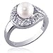 Jewelry : Ultra-Chic Glamour: Sterling Silver and Cultured Pearl Dress Ring with Sparkling CZ Diamond