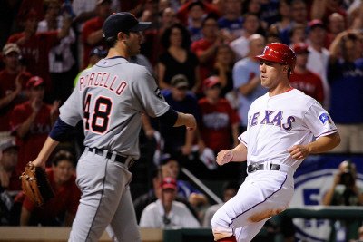 Detroit Tigers v Texas Rangers - Game Six, Arlington, TX - Oct. 15: David Murphy and Rick Porcello Photographic Poster Print by Kevork Djansezian, 28x42
