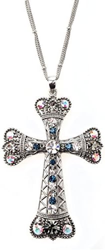 Silver Cross Necklace For Women & Men - Holy Crosses Pendant With Crystals & Chain - This Beautiful & Jewelry Is The Perfect Gift For Her or Him - Best Religious Necklaces