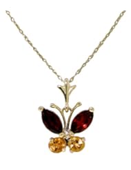 14k Solid Gold 18" Necklace with Garnet and Citrine Butterfly Pendant