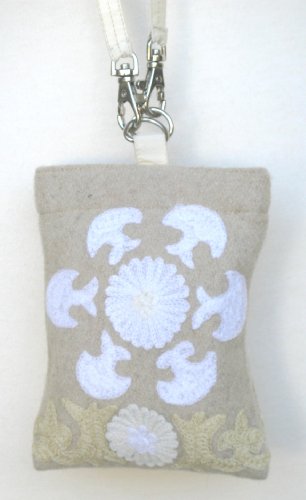 Embroidered Suzani Felt Gadget - iPhone - iPod - Cell Phone - PDA Bag - Case - Purse - Holder - Pouch Long Strap Beige Ivory
