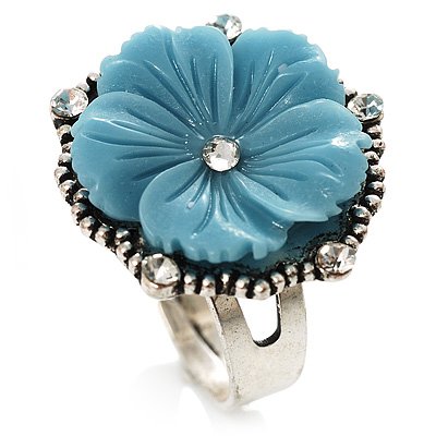 Antique Silver Pale Blue Flower Ring