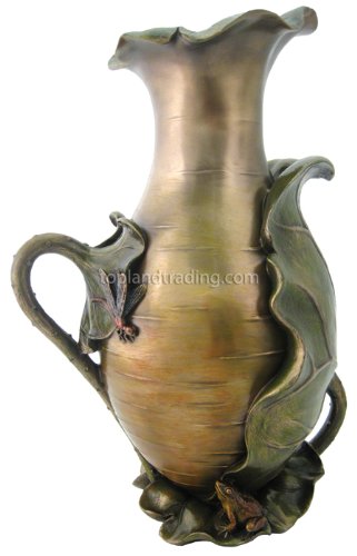Art Nouveau Decorative Vase - Lotus Design With Dragonfly & Frog - Cold Cast Bronze, 13 Inches Tall