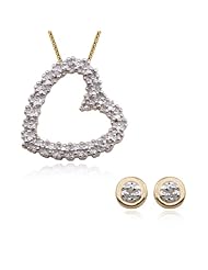 18k Yellow Gold Plated Sterling Silver Genuine Diamond Accent Post Earrings and Heart Pendant, 18" Set
