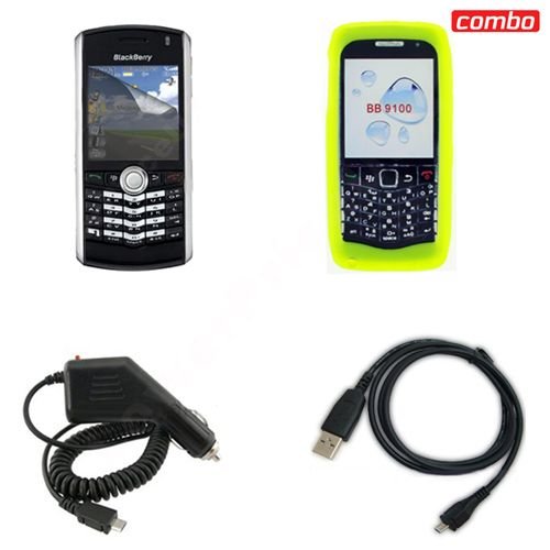 Blackberry pearl 9100 Combo Trans. Neon Green Silicon Skin Case Faceplate Cover + LCD Screen Protector + Rapid Car Charger + USB Data Charge Sync Cable for Blackberry pearl 9100