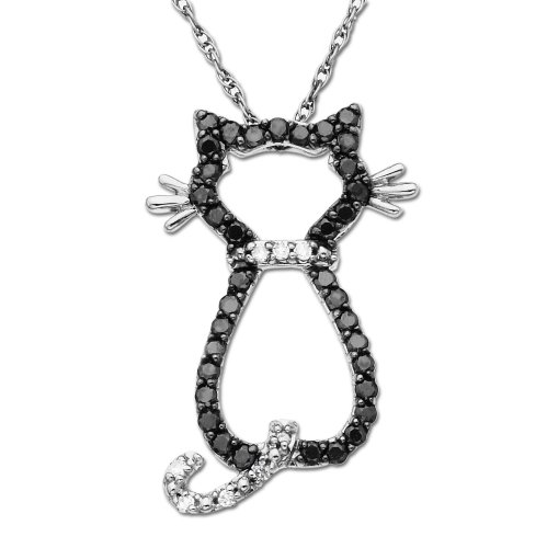 14k White Gold Black and White Diamond Cat Pendant (1/5 cttw), 18