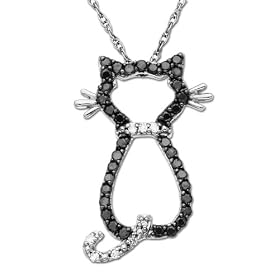 14k White Gold Black and White Diamond Cat Pendant (1/5 cttw), 18″