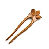 IMAGE OF CrystalMood Handmade Carved 2-Prong Peachwood Floral Hair Stick