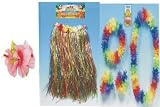 Hawaiian Beach Party Hula Fancy Dress Accessories Short Skirt, Lei 4 pce set & Hair Flower Clip