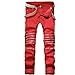 Men's Red Ripped Stretch Skinny Straight Cut Slim Fit Jeans Pants with Zipper Red W30