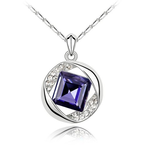 Dark Purple Crystal Pendant, Round and Middle Square Women Necklace, Free White Gold Plated 18