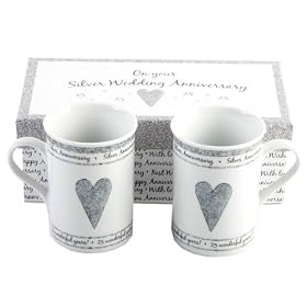 PAIR OF GIFT BOXED SILVER ANNIVERSARY MUGS - 25TH ANNIVERSARY