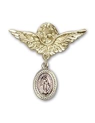 Gold Filled Baby Badge with Pink Miraculous Charm and Angel with Wings Badge Pin