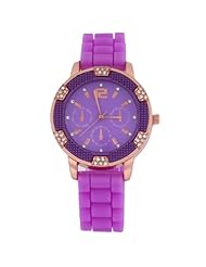 Sotijobs Classic Rubber Jelly Ladies Gold Chronograph Rhinestones Wrist Watch Purple