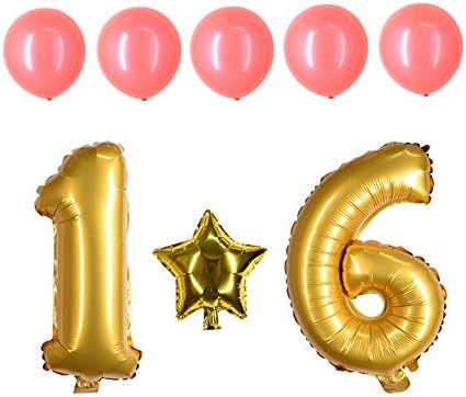TPARTYCOM Chic 16th Birthday Balloons Set - 16" Gold Number Mylar Balloons - Sweet Star Gold Balloon - Red Latex Balloons