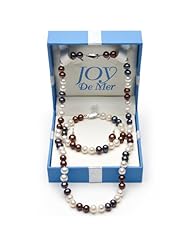 7-8mm White, Chocolate, and Black Freshwater Pearl Necklace, Bracelet, and Drop Dangle Earrings Set in Sterling Silver in Gift Box